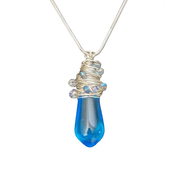 Artisan Jewelry - N210 Sterling 925 wire and chain on large laboradite wrapped blue agate pendant